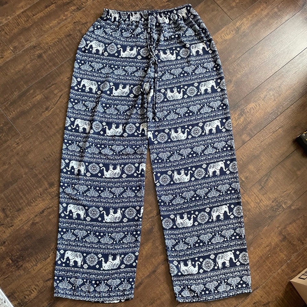 A’GACI Women’s Large Navy & White Ethnic Elephants Wide Leg Boho Hippie Pants